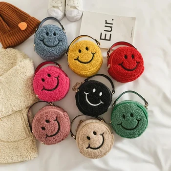 Hot selling Cartoon Cute Plush Smiley Pattern Mini Messenger Bag Fashion Kids Designer Handbags Girl shoulder Crossbody Bag