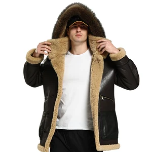 2023 Custom High Quality Casual Sheep Bomber B3 Leather Jacket Men With Fur Collar