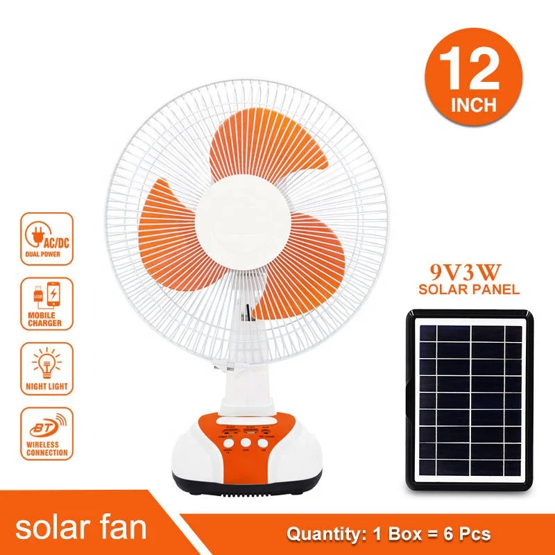 12V AC/DC Charging LED Light USB & Solar Powered 16/14/12 Inch Desk Fan Electric Table Fan with Plastic Plate for Outdoor Use