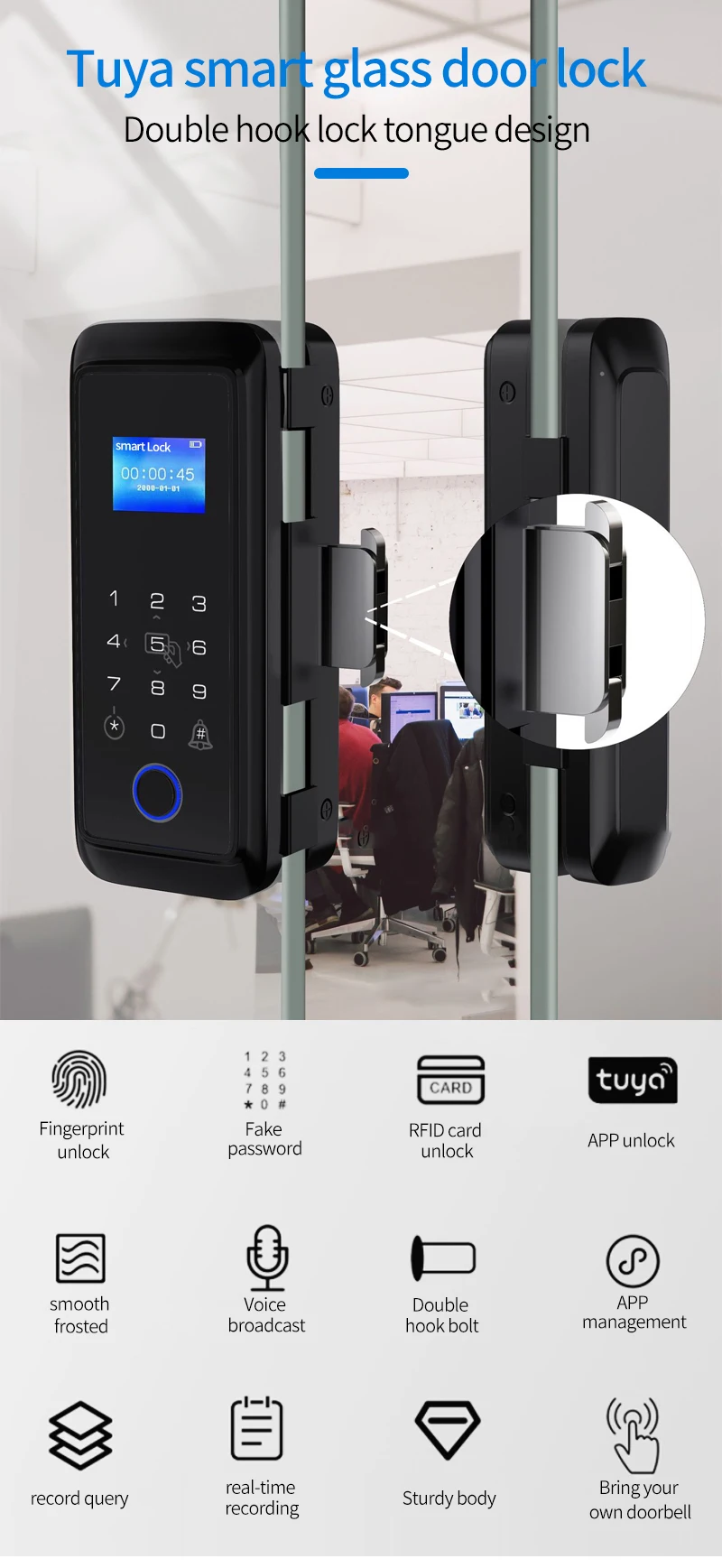 C4 Blue Tooth Tuya APP Smart Glass Door Lock Wireless Smart Access Controller Fingerprint Unlock Time Attendance Function