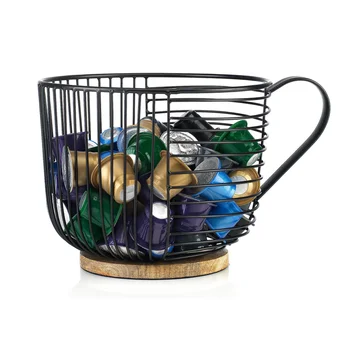 Large Capacity Black Metal Wire K- Cup Storage with Wooden Base - Modern Coffee Pods Basket Decor for Kitchen Counter-top