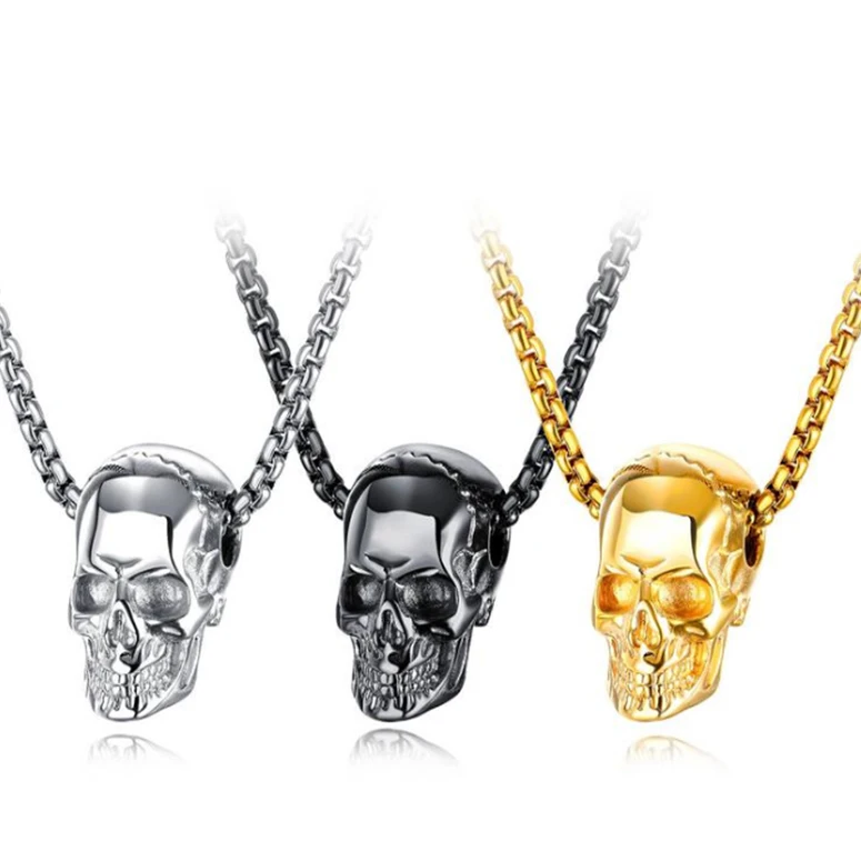 Personality Male Jewelry Punk Retro Black Gold Plating Stainless Steel Skull Pendant Necklace 1731