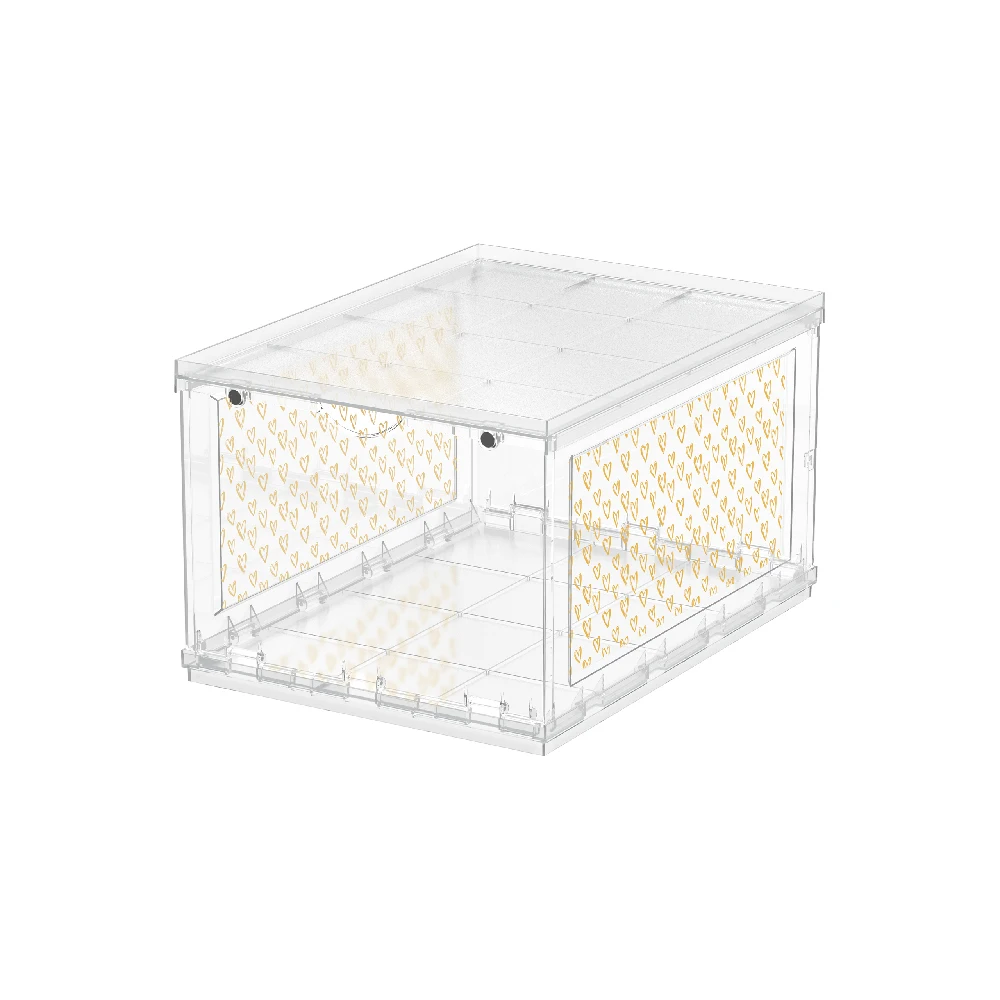 Stackable Box Folding Bin Multi-Functional Shoe Box Plastic Sneakers Recyclable Box Gold Heart Pattern