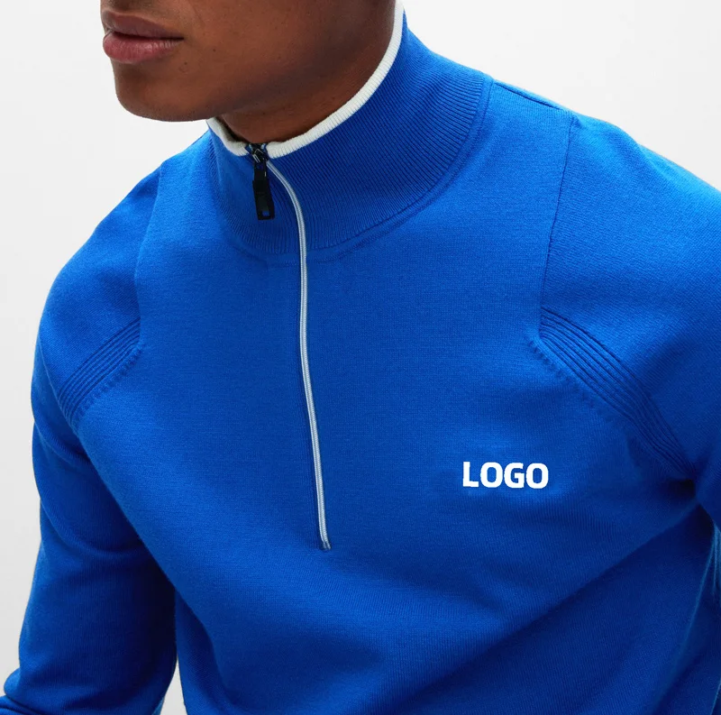 Custom Logo Dark Blue Quarter Zipper Sportswear Sweater Men's Knitted Cotton Sports Sweater