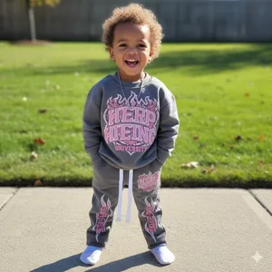 Wholesale Custom Print Kid Streetwear High Street 100% Cotton Boy Pullover and Pants Two Piece Kids Clothing Set