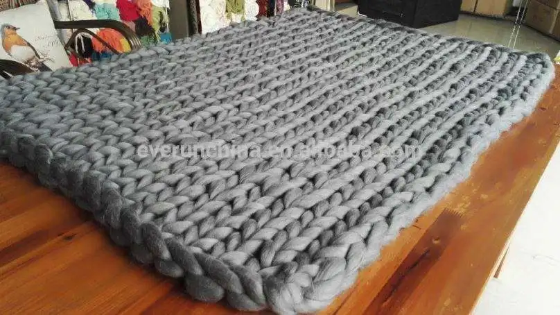 Magic Green 100% Merino Wool Woolen Super Chunky Thick Yarn Hand Made Knit Throw Blanket
