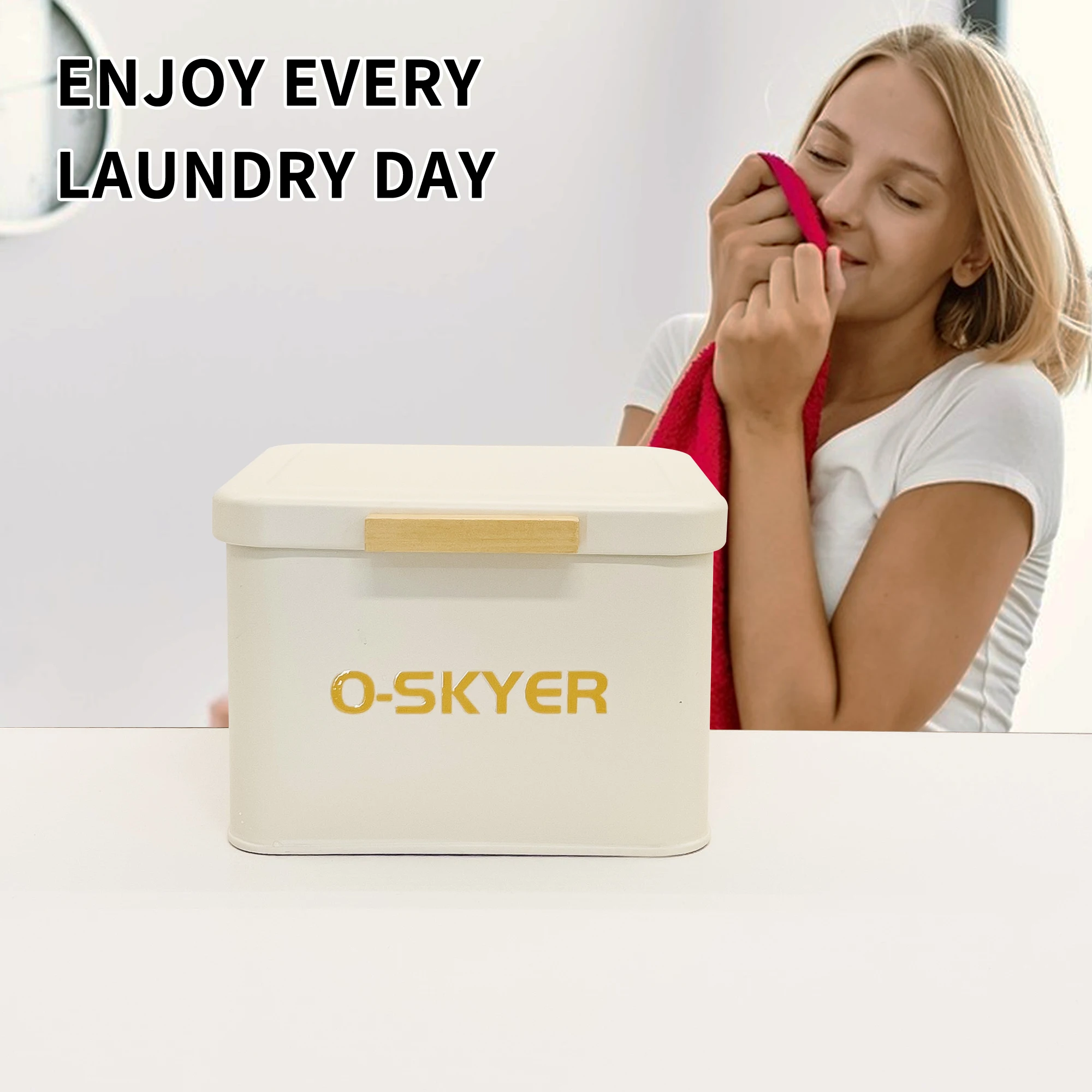 Laundry Room Series Metal Storage Bucket with Lid Decorative Buckets Moisture Proof Tabletop Metal Storage Box