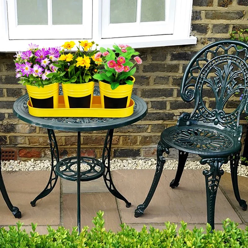 Galvanized Metal Flower Pots & Planters Succulent Herb Plant Bucket Set with Tray and Drain Holes - for Indoor Outdoor Garden