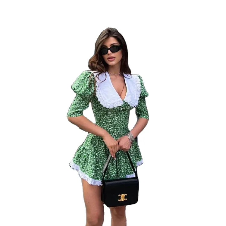 Women Casual Doll Collar Mini Summer Dress French Style Elegant Vacation  Dress Floral Print Summer Dress for Women Beach