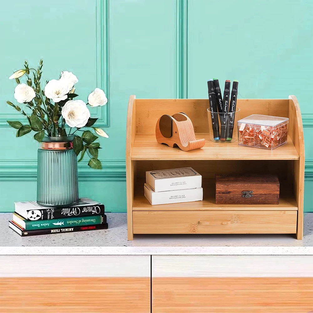 Desk Storage Rack With Drawer On Desktop Bamboo Storage Organizer Buy