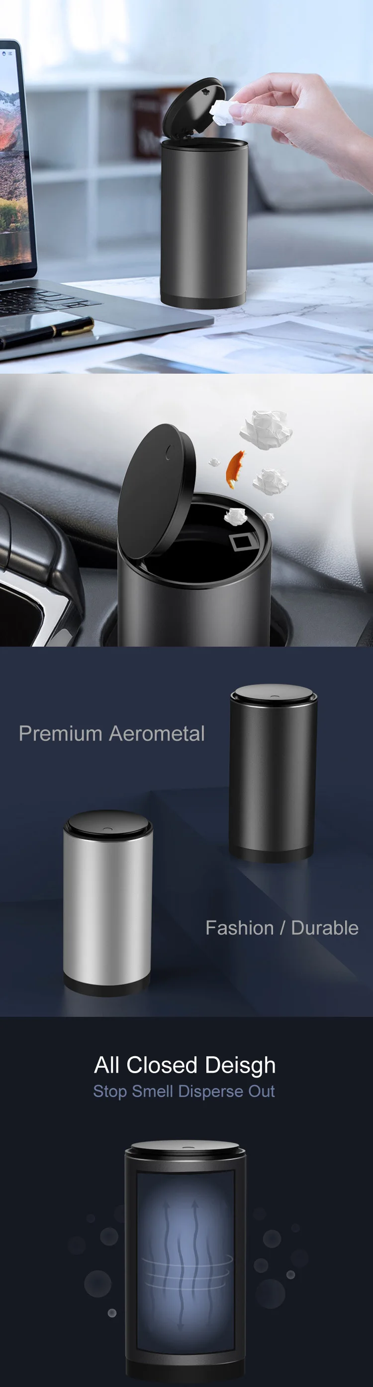 New Design Durable Alloy Aluminum Portable Auto Trash Can Car Rubbish