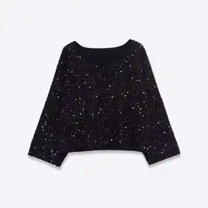 Cross-border European American Foreign Trade Women's Explosive Neck Sequins Polyester Crewneck Single Breasted Casual Long
