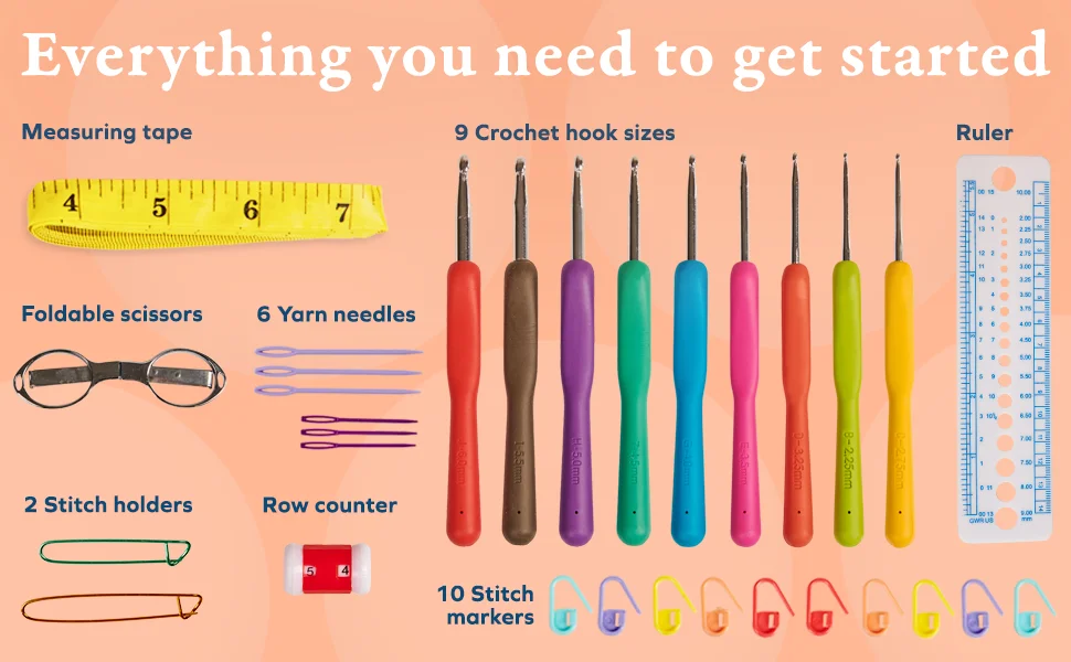 Crochet Hooks Kit 31 Piece Set With 9 Ergonomic Hook Sizes 6 Yarn