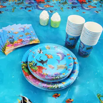 Nicro Under The Sea Theme Paper Tablecloth Banner Kids Happy Birthday Party Custom Party Dinner Plates Disposable Tableware Set