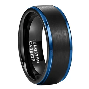 Coolstyle Jewelry 8mm Black Blue Tungsten Wedding Ring for Men Women Engagement Band Stepped Edges Brushed Finish Comfort Fit