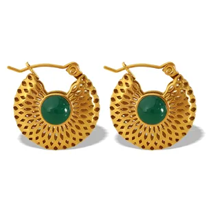 High-End Stainless Steel Hypoallergenic Hoop Earrings for Women Green Aventurine Hollow Gold Trendy Style