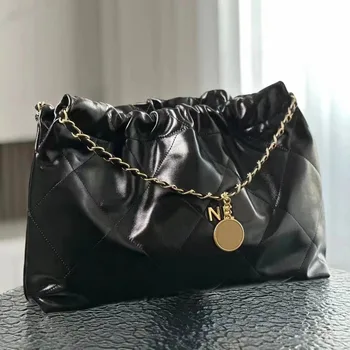 High quality 2024 New genuine leather bucket bag 22bag cowhide tote shoulder crossbody Plaid chain bag women's bag
