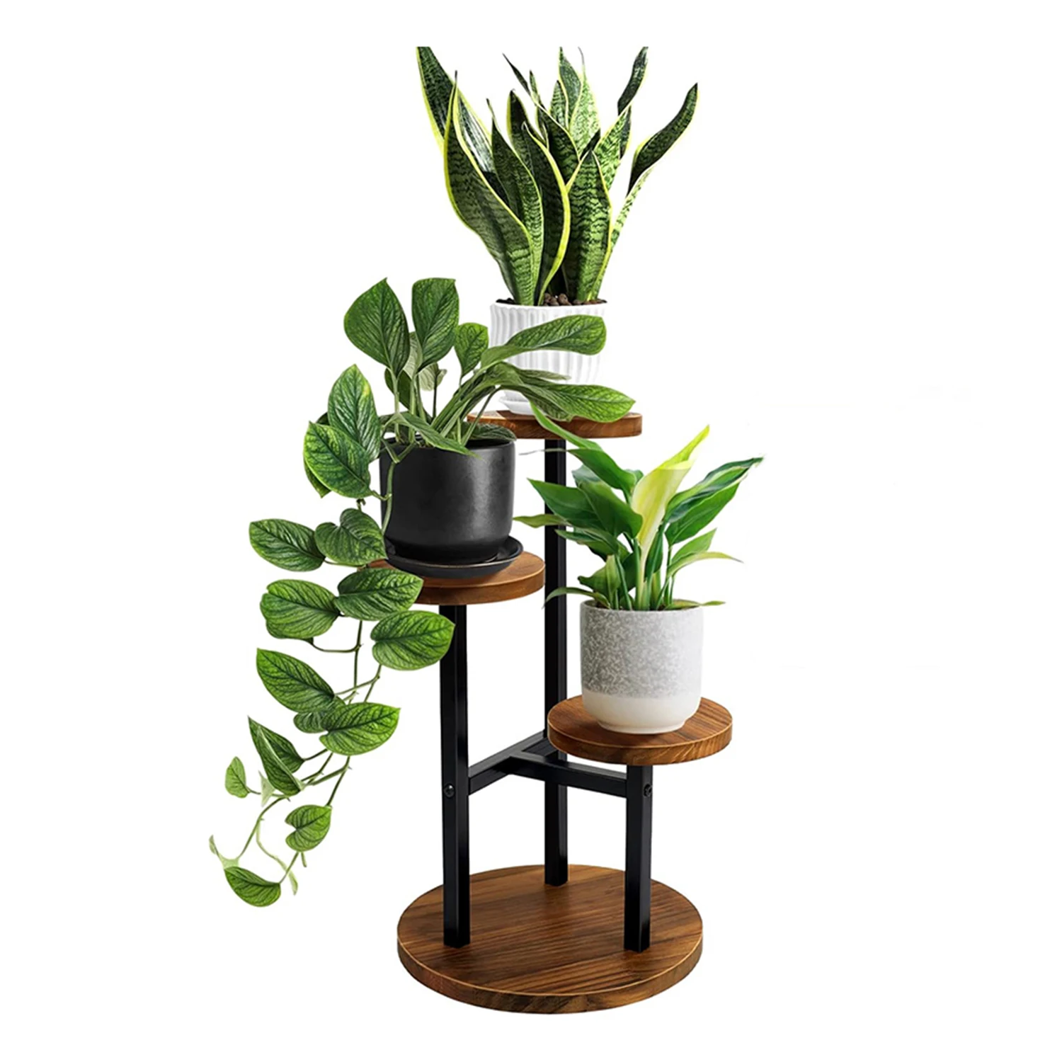 Display Rack Flower Pot Stand Tall Metal Wood Shelf Holder for Indoor 3 Tier Plant Stand