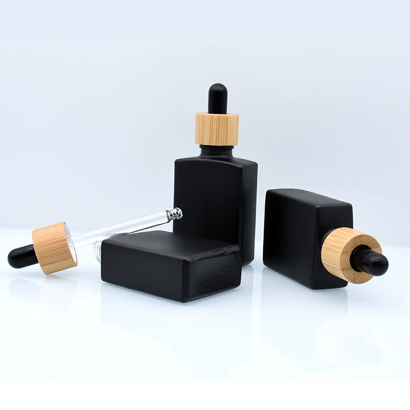 Empty 30 ml Black Frosted Rectangular 30ml Matte Black Rectangle square Glass Dropper Essential Oil Bottle With Bamboo Cap