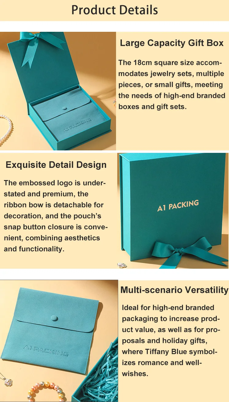 A1 Simple Luxury Square Jewelry Gift Box Set with Magnetic Snap Closure Blue Microfiber Bag for Popular Necklace Storage supplier