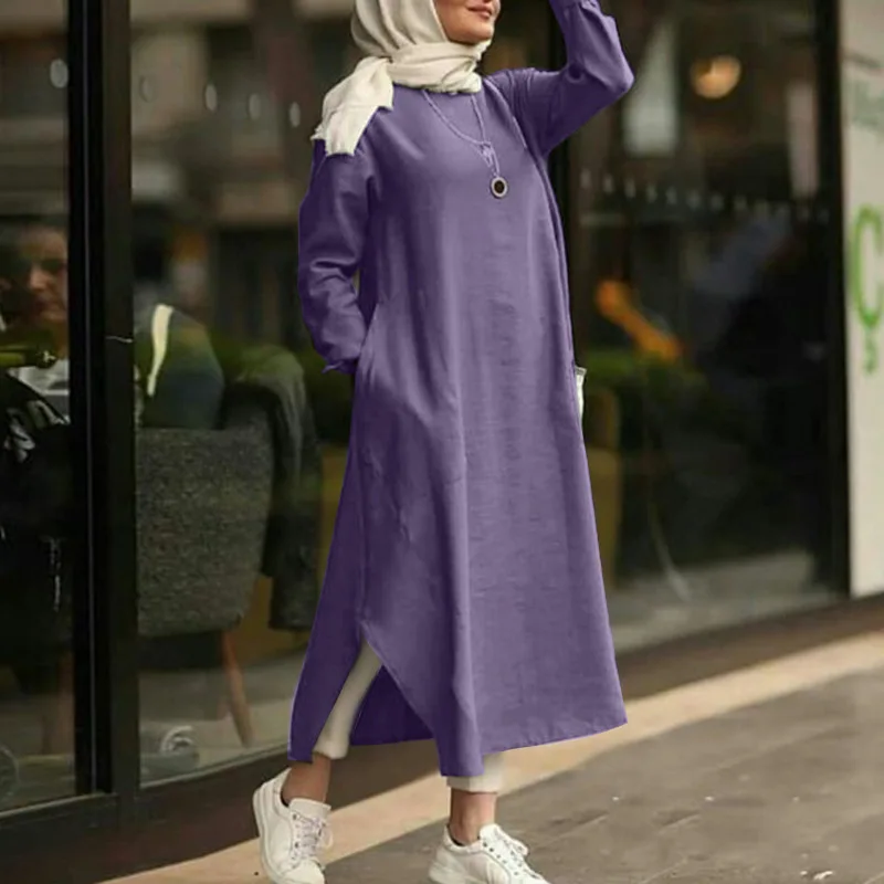 Simple Style Long Sleeve Muslim Round Neck Tunic Tops Ladies Tops Blouse Islamic Clothing for Modest Muslimah Malaysia Blouse