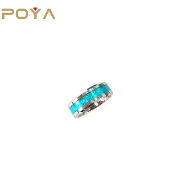 POYA 8mm Tungsten Ring Green Artificial Opal Inlay Flash Beveled Edge Engagement Ring Wedding Bands or Rings WOMEN'S CHRISTIAN