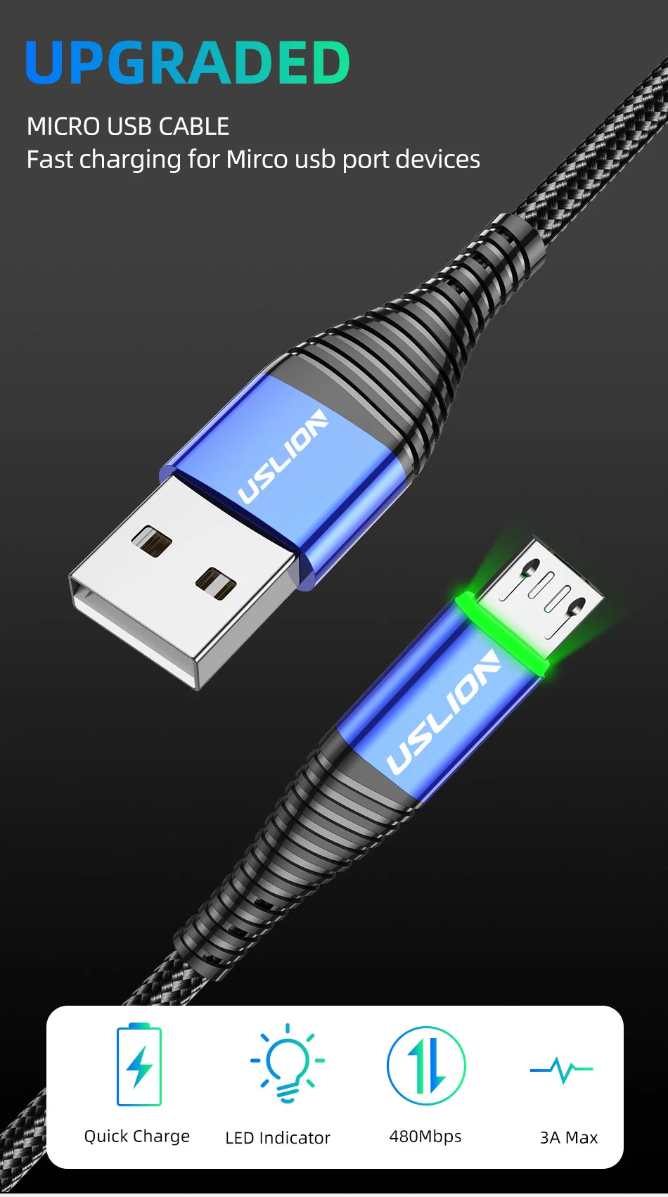USLION 3A Fast Charging 2M Green LED illuminated Micro USB Charging Cable Data Cable For Android Mobile Phone - ANKUX.COM