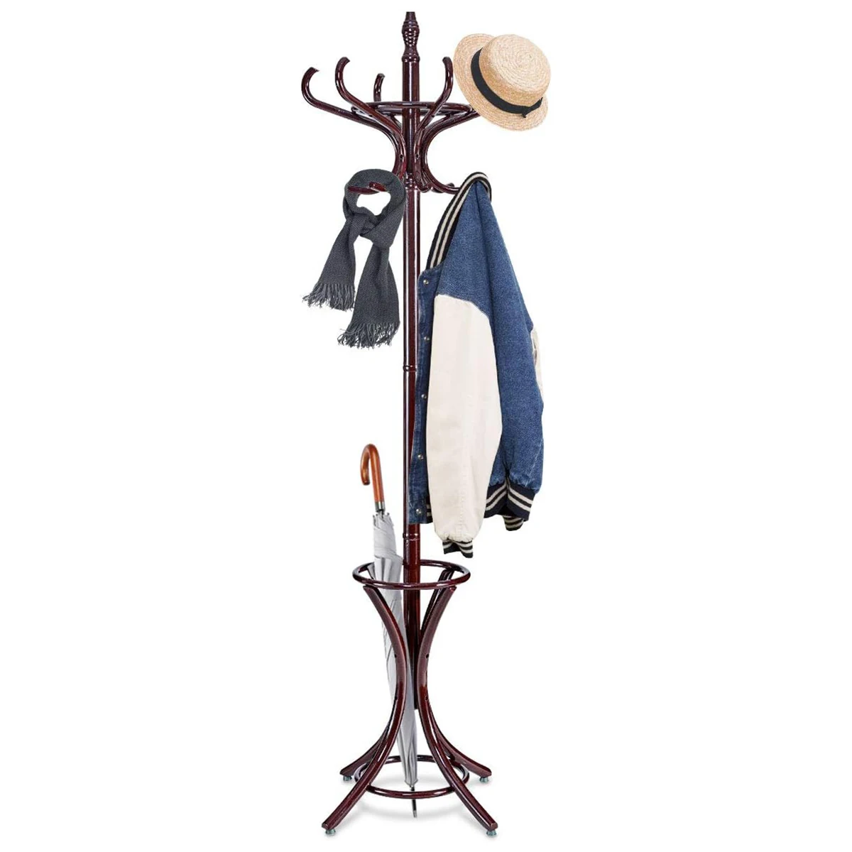 Wooden Coat Tree With 12 Hooks Umbrella Stand Coat Rack Freestanding