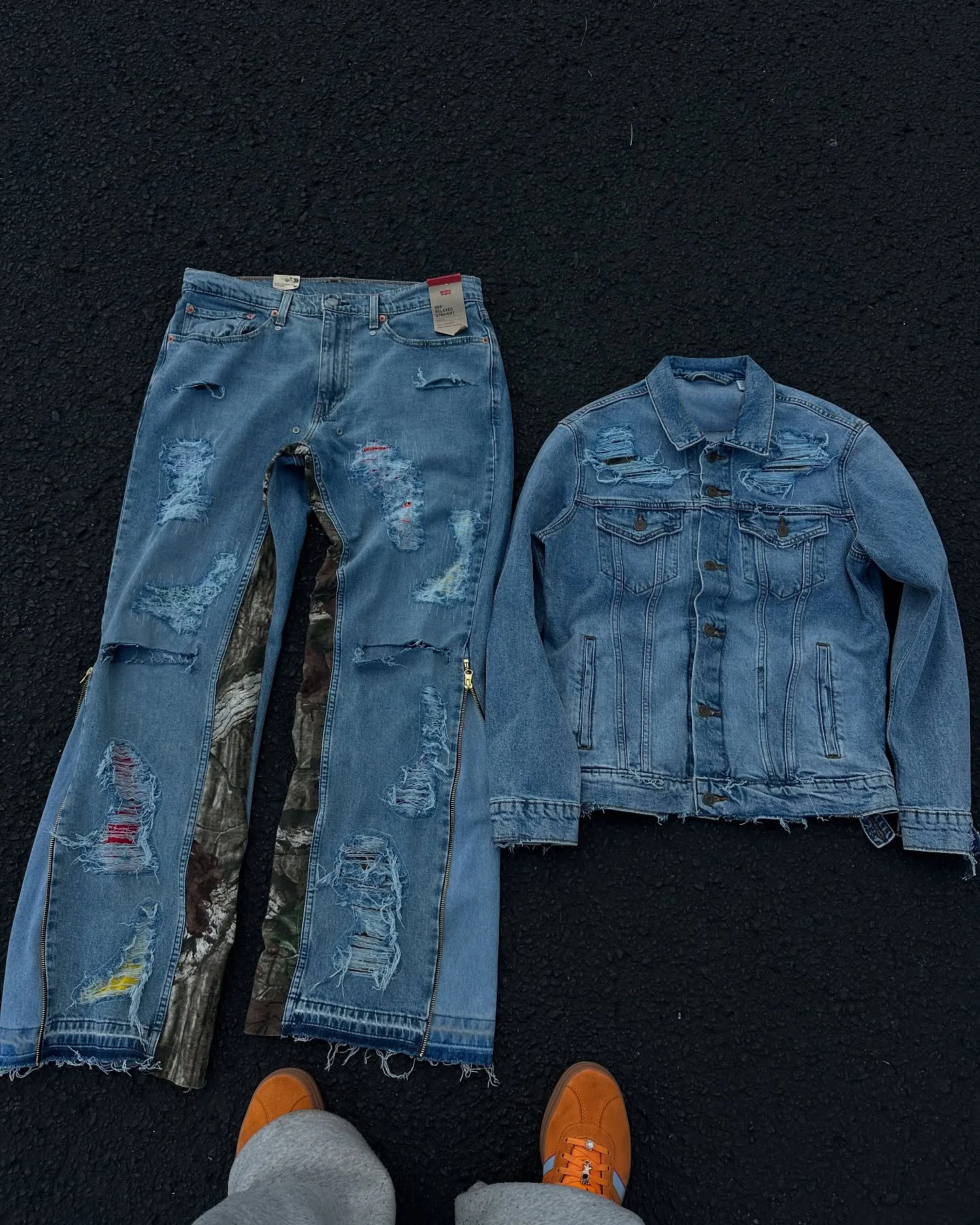 Customize Street Wear Gothic Retro Casual Splicing Black Wash Panel Wide Leg Jeans Custom Outfits Work Denim Jeans Jacket Sets gallery 7