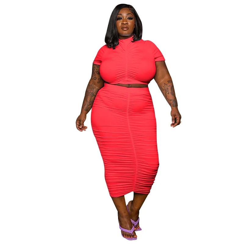 2022 Plus Size Solid Color Round Neck Pullover Short Sleeve Two Piece Fashion Casual Pleated Skirt Ladies Suit for Summer