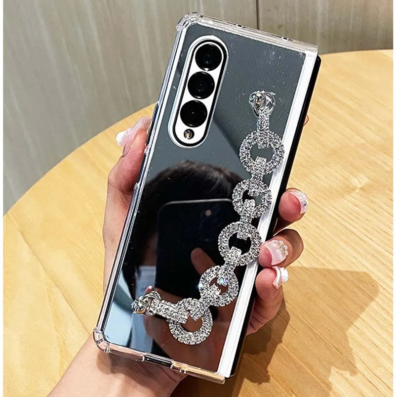 Luxury Electroplating Mirror Design Bling Phone Strap Style Silicone Folding Phone Case for Samsung Galaxy Z Fold 3 4 5 6