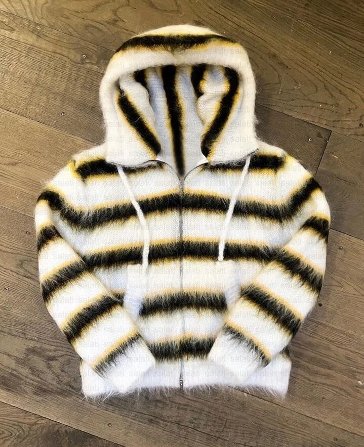 Custom Zip up Mohair Hoodies Unisex Oversized Thick Fuzzy Wool Blend Stripe Knitted Women Men Mohair Sweater gallery 2