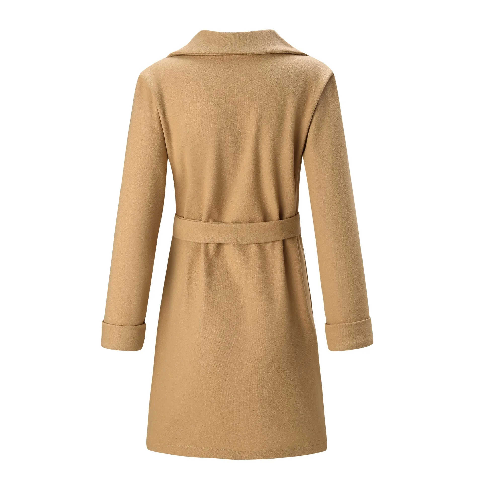 Cappotto lungo in lana con cintura revers e grandi tasche per donna 2026