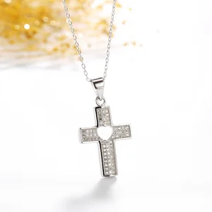 Valentine'S Day Gift 925 Sterling Silver Jewelry Pendants Rhodium Plated Micro Pave Love Heart Cross Pendant