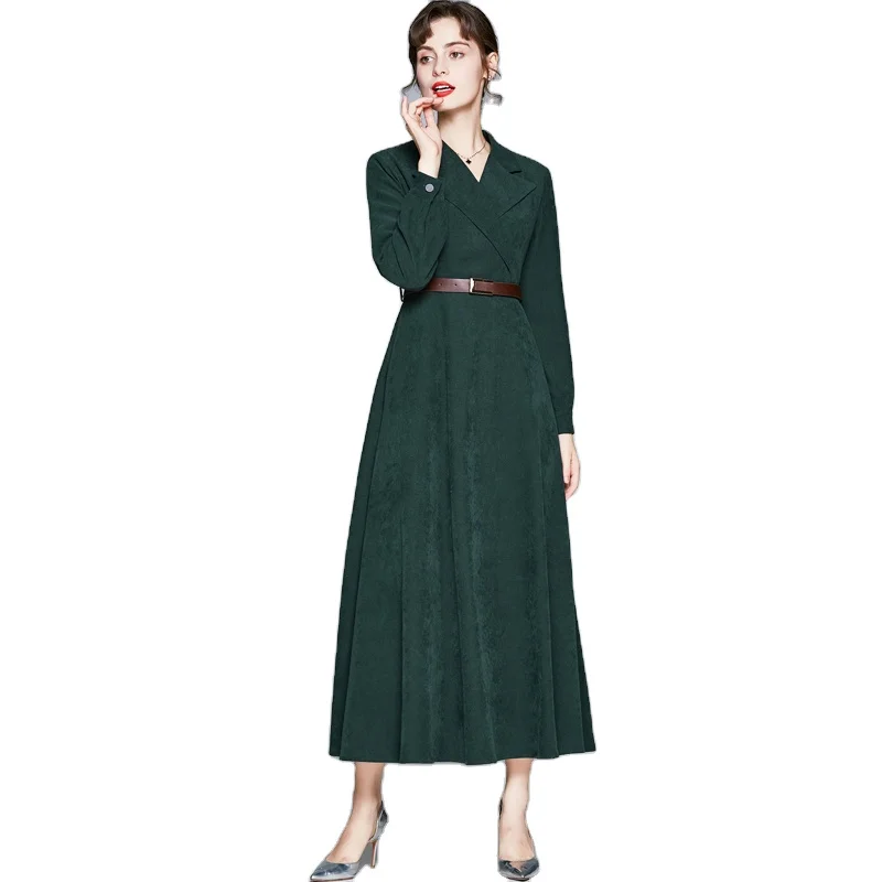 Dark Green Long Dress with V-Neck Collar and Belt Midi Length Natural Waist  Big Swing Woven Pattern and Washable Sashes
