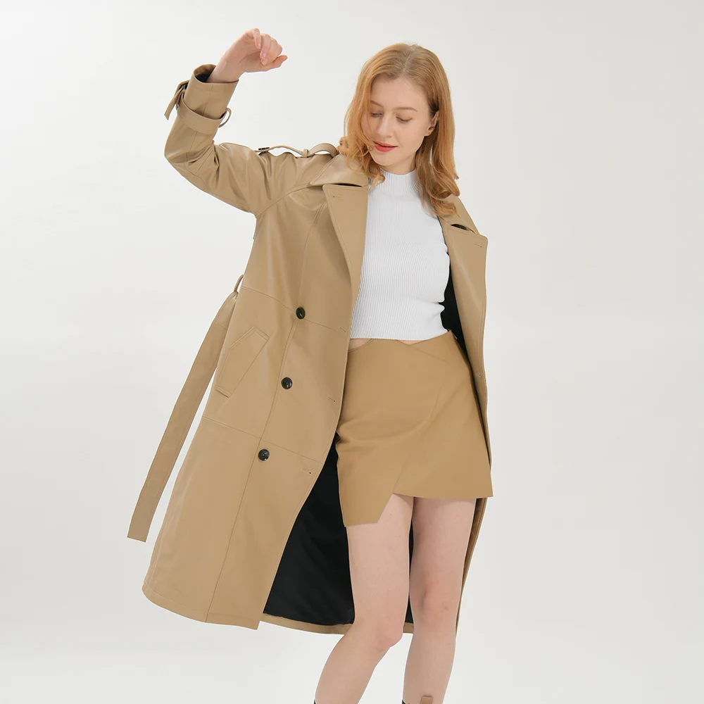 Custom Sexy Leather Trench Coat Hot Selling Genuine Leather Trench Coat Women