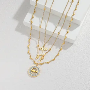 18K Gold Plated Stainless Steel Necklace for Women Hollow Circle Pendant with Zircon Long Chain in Stock Ready to Ship Wholesale