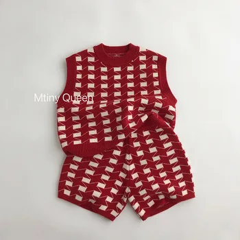 Christmas autumn and winter kids' sweater fashionable Sapphire red knitted vest shorts