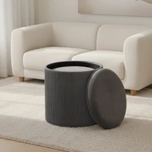 HStex Factory Wholesale Velvet Custom Round Lid Space Saving Furniture Living Room Storage Box Pouf Stool Ottoman