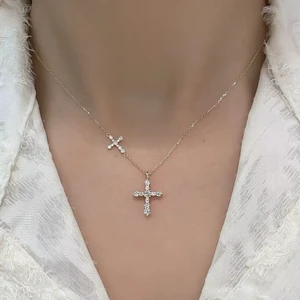 Dainty 14k Rose Gold Lab Grown Diamond Cross Necklace with Link Chain IGI Certified Trendy Small Fixed Horizontal Cross