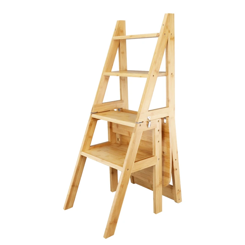 Folding 2in1 Chair Ladder Bamboo Stepper Ladder Chair For Warehouse And