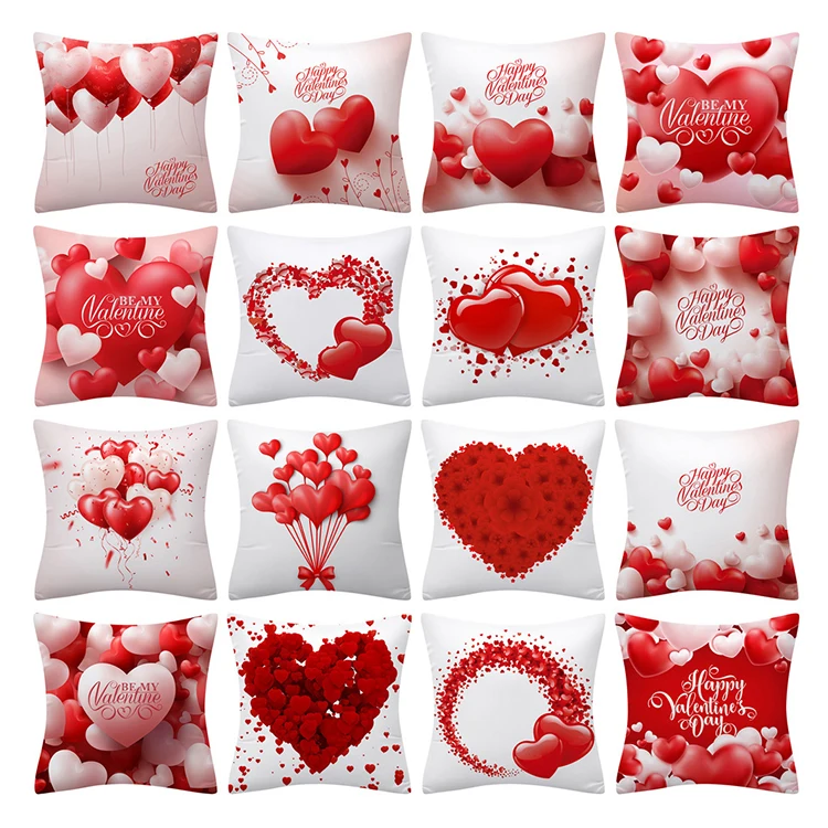 Valentine's Day Throw Pillow Covers Set Of 4 - Love Quotes & Hearts Decor (16x16 Inch) | Red Pink Cushion Covers For Sofa