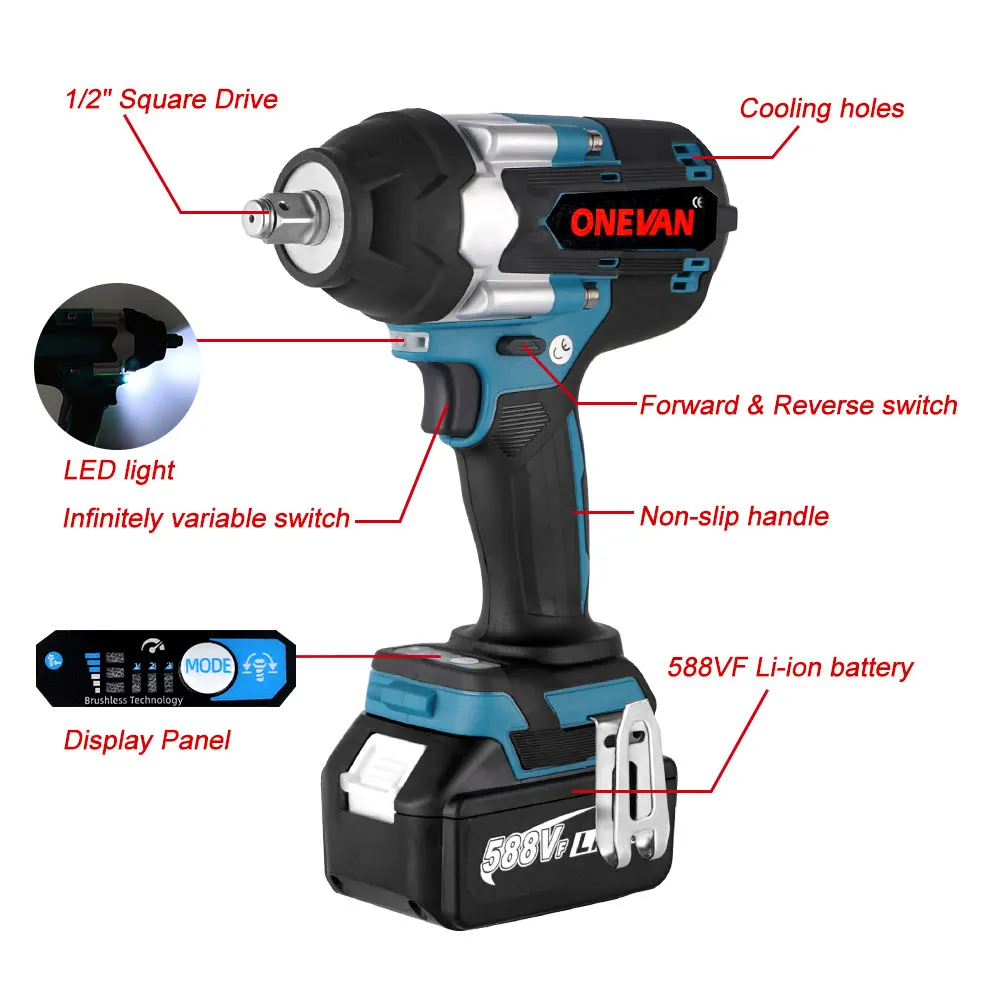 1800n.m Torque Brushless Electric Impact Wrench With 588vf Battery 1/2 ...