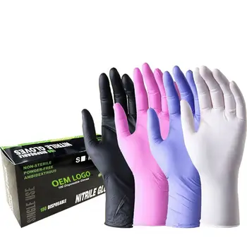 Hot Sell Tattoo Beauty Salon Kitchen Pink Black Blue Purple Green Nitrile Vinyl Gloves Custom Logo Powder Free Nitrile Gloves