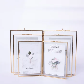 Gold Metal Floating Wedding Double Sided Glass Picture Photo Frames Stand Tabletop Home Decorative Metal Photo Glass Frame