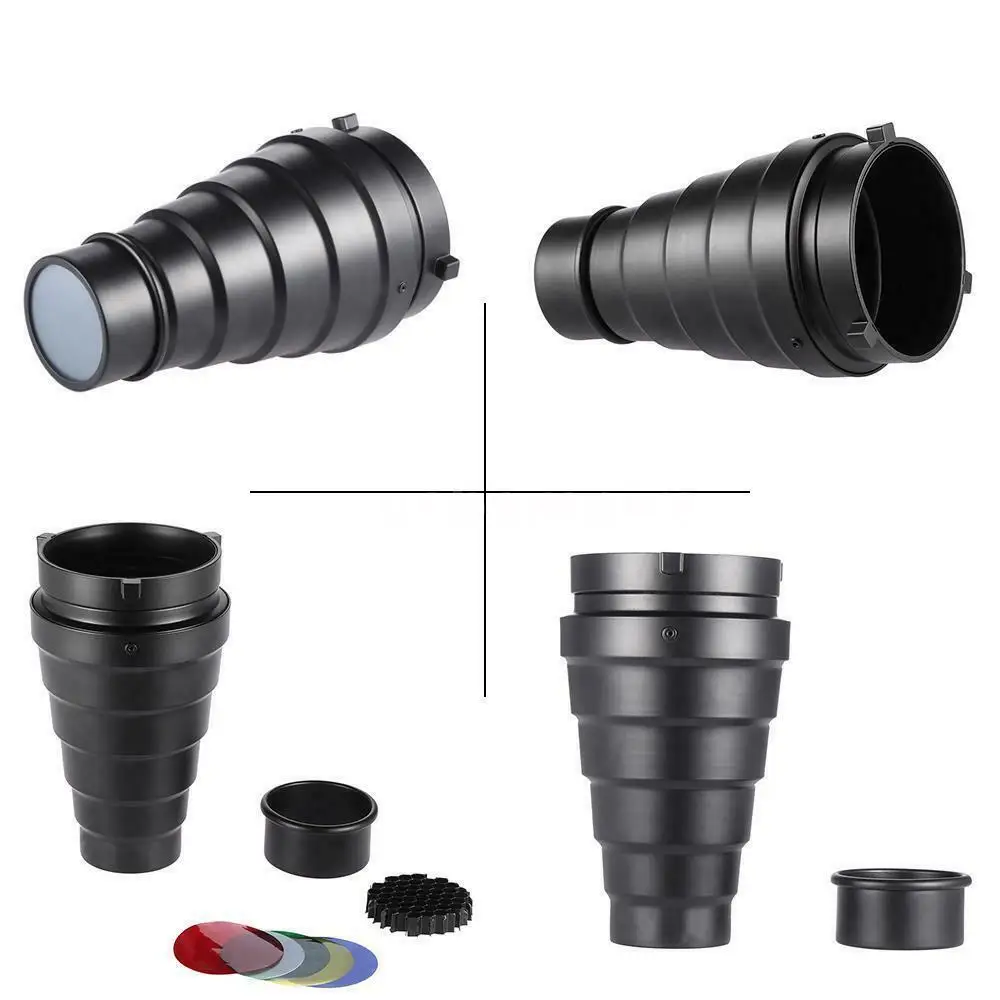 Snoot Photography Bowens Mount Aluminium Alloy Conical Studio Kit For Strobe Moonlights Flash Speedlight With 5 Color Gel Filters And Honeycomb Grid