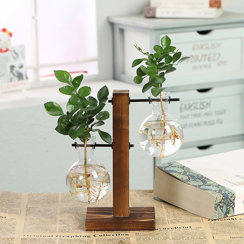 Terrarium Hydroponic Plant Vases Vintage Flower Pot Transparent Vase Wooden  Frame Glass Tabletop Plants Bonsai Home Decorations