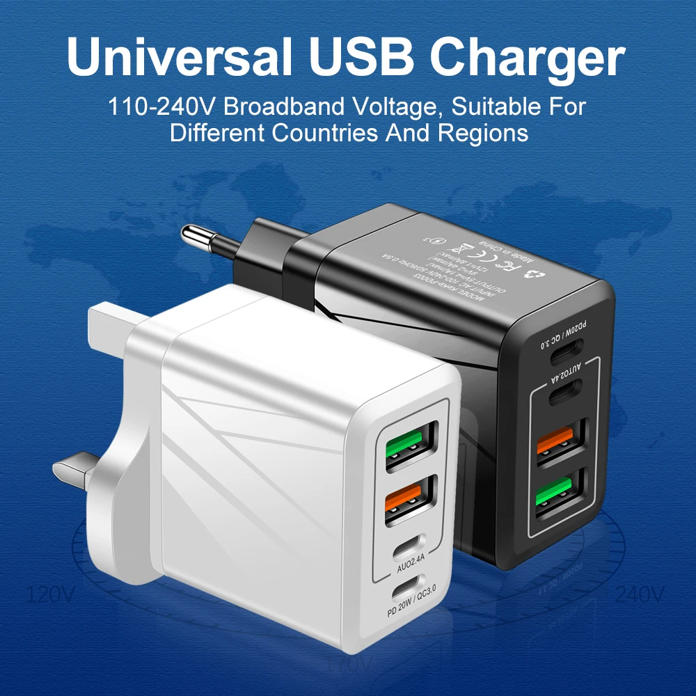 36w 4 Usb Port 2u And 2c Uk Eu Us Plug Travel Wall Chargers 20w Pd Qc ...