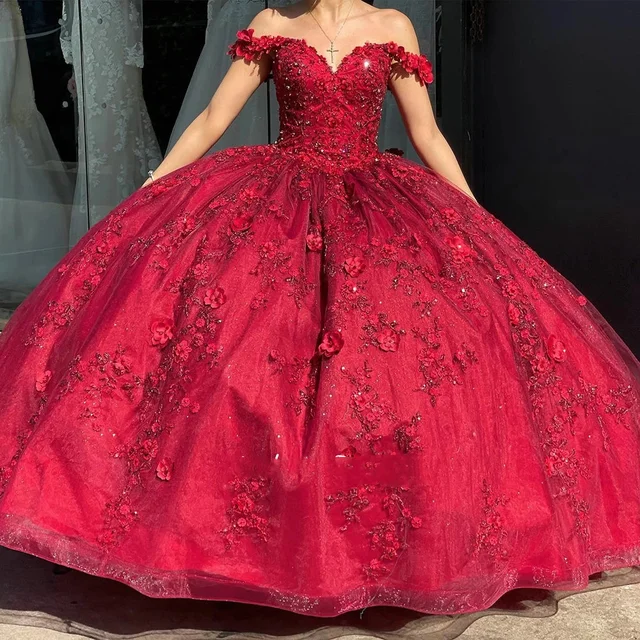 Mumuleo Red 3D Flowers Appliques Lace Quinceanera Dress Ball Gown Off The Shoulder Beading Crystal Pageant Birthday Party