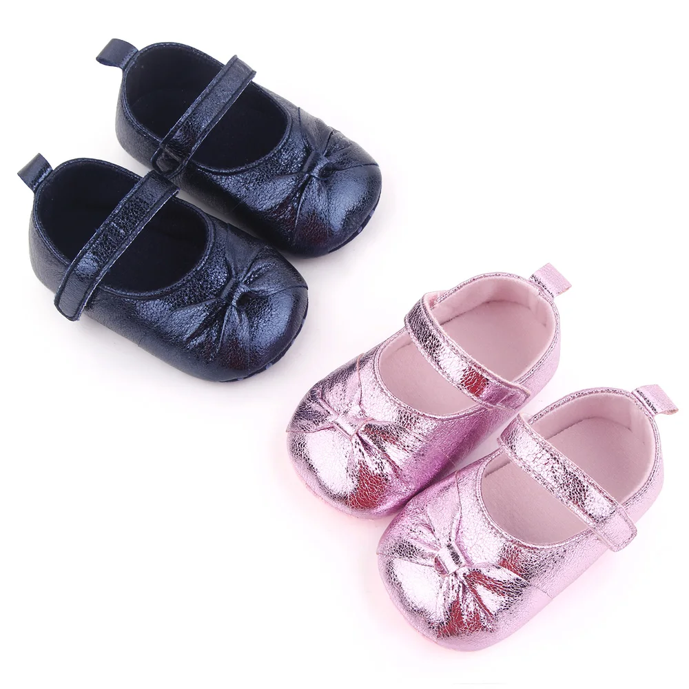 Spring and Autumn New Baby Girls Shiny Solid Color Bow Soft Soled Princess Walking Shoes